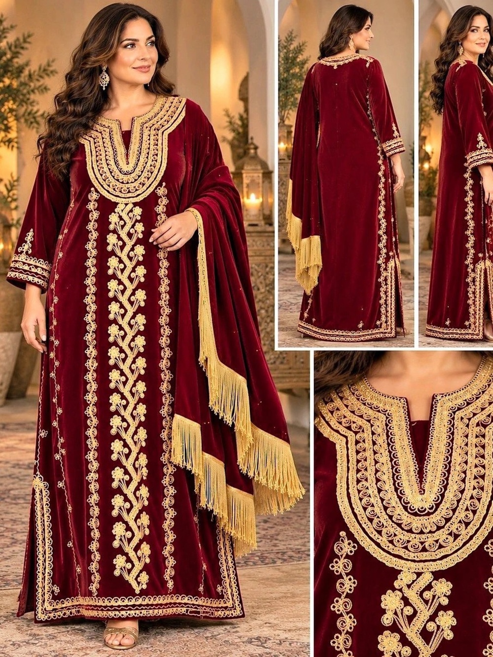 Burgundy Velvet Arabic Thobe Gold Embroidered Dress & Fringed Shawl